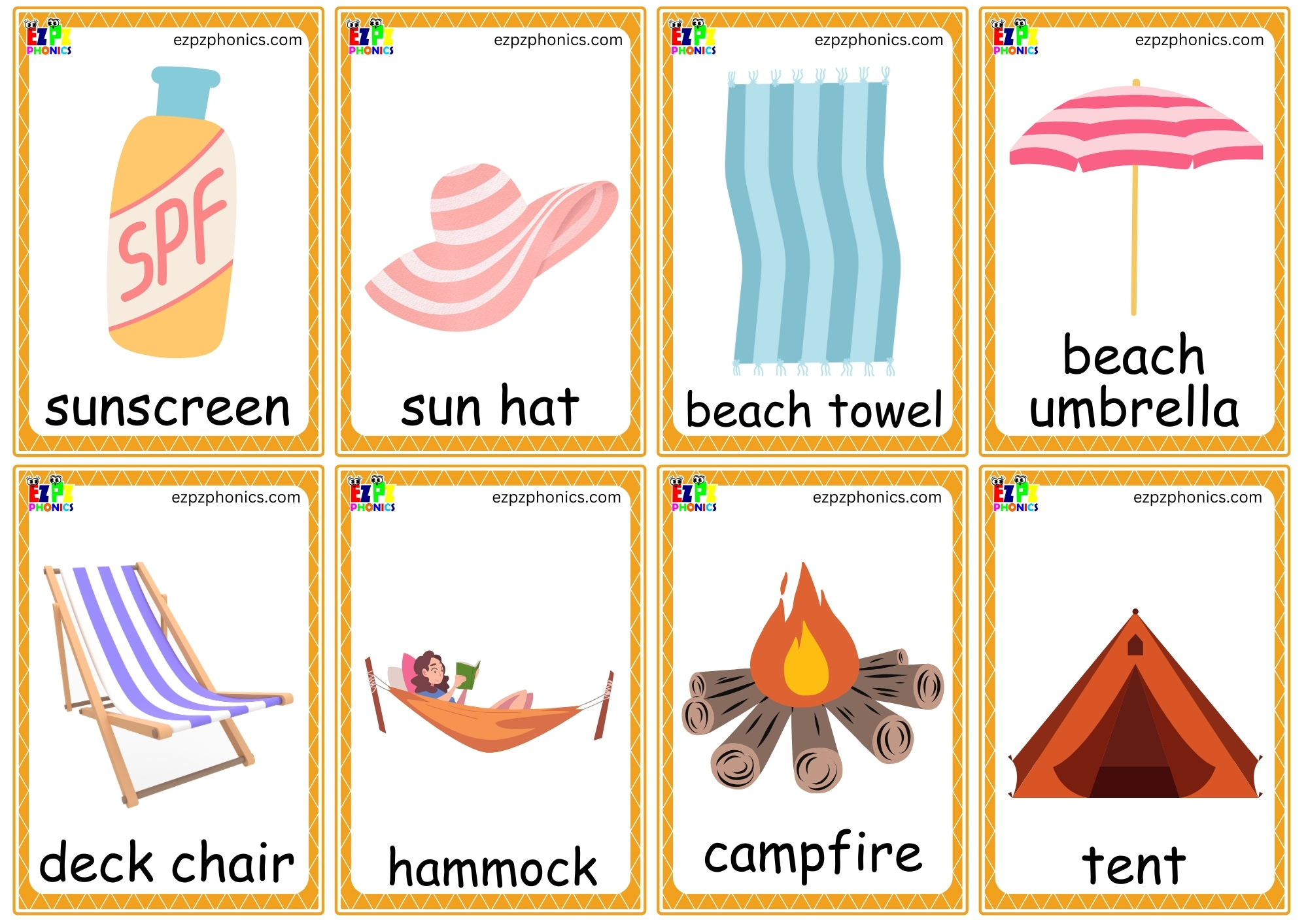 Summer & Beach Mini Flashcards for Kids – Compact Vocabulary Fun Includes 24 Mini Flashcards PDF Download 